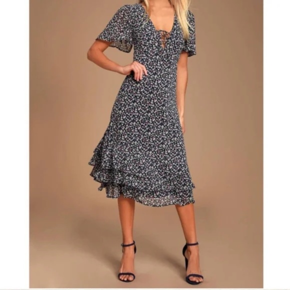 Lulus Renee Navy Blue Floral Print Ruffled Lace-Up Midi Dress Size XS - Picture 1 of 14